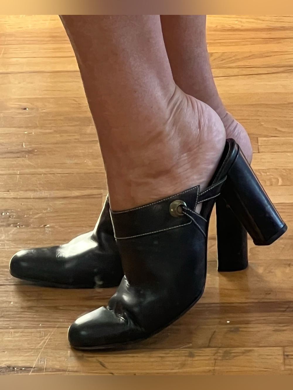 Sergio Rossi Black Soft Leather Block Heel Mule with Button Accent